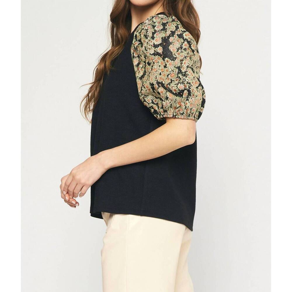 NEW ENTRO floral jacquard sleeve top in black - Picture 6 of 7